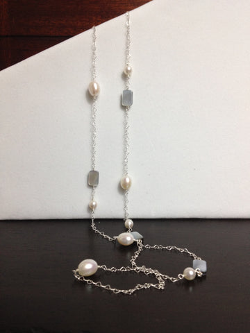 DESIGNER 39"-41" Rectangular Shell & White Baroque Freshwater Pearl Necklace