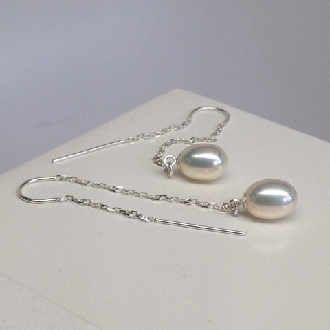 Lustrous White Freshwater Pearl Ear Threads, Sterling Silver