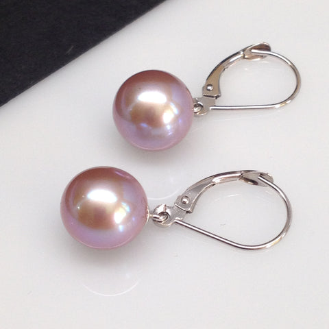 9.5mm Lustrous Lavender Freshwater Pearl Drop Earrings, 14K White Gold