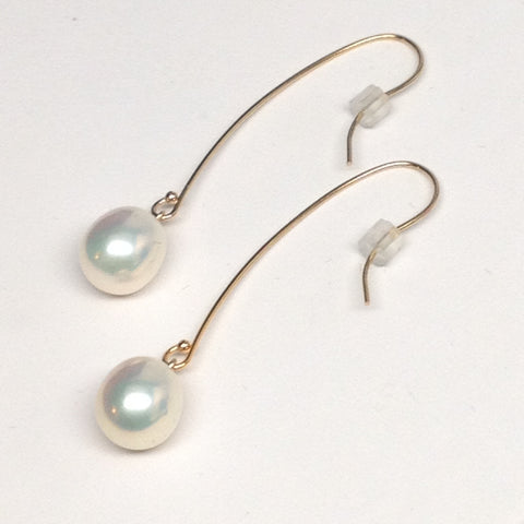 9x10mm Lustrous White Freshwater Pearl Long Dangle Earrings, Gold-Filled