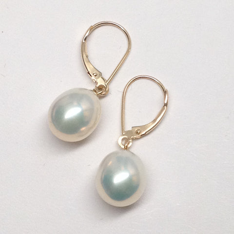 9.4x11mm Lustrous White Freshwater Pearl Drop Earrings, 14K Gold