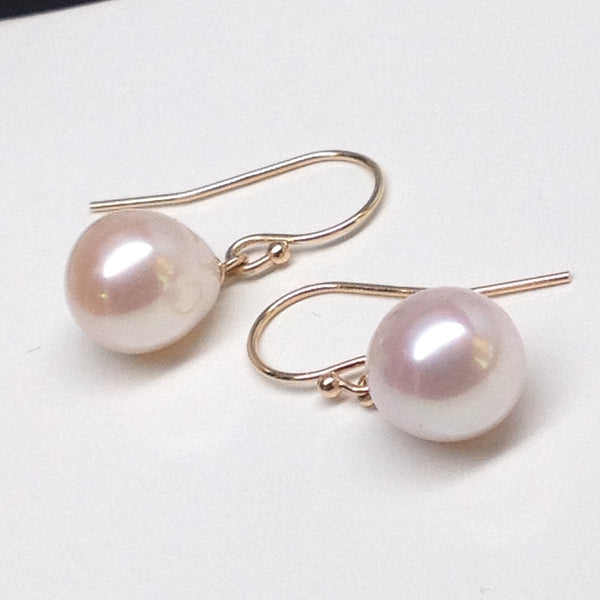 8.5x10mm White Freshwater Pearl Drop Earrings, 14k gold
