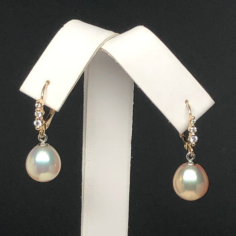 DESIGNER 9.5-10mm Metallic Peach/White Freshwater Pearl Drop Diamond Earrings, 14K Gold
